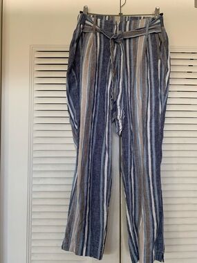 like an angel Blue and Tan Striped Linen-Blend Pants Size M